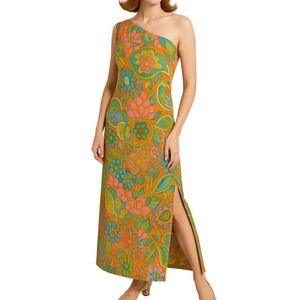 Vintage 60s Joseph Magnin One Shoulder Long Shift Dress Size 14/ M Floral Print